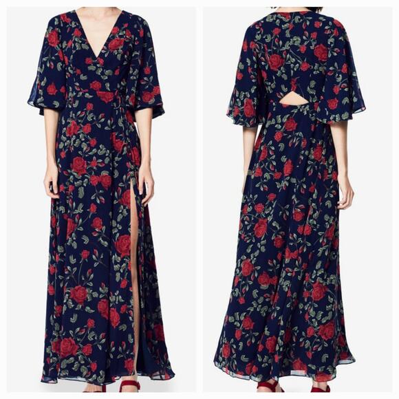 Fame AND Partners Navy Floral Multicolored Bell Sleeve Maxi Wrap Dress Women's S - Picture 1 of 11